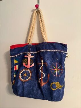 Nautical Embroidered Navy Canvas Tote with Rope Handles